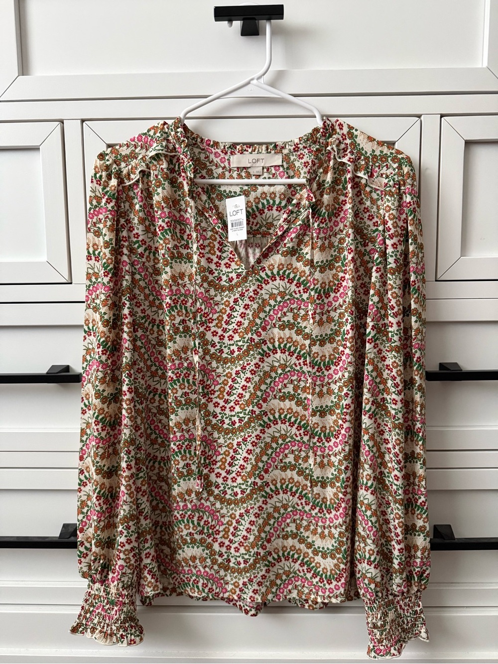 LOFT Floral V-Neck Long Sleeve Blouse in Pink, Tan & Green